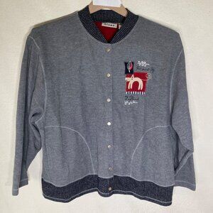 Blast Womens Gray Button-Up Cardigan Jacket Embroidered Animal Design & Striped